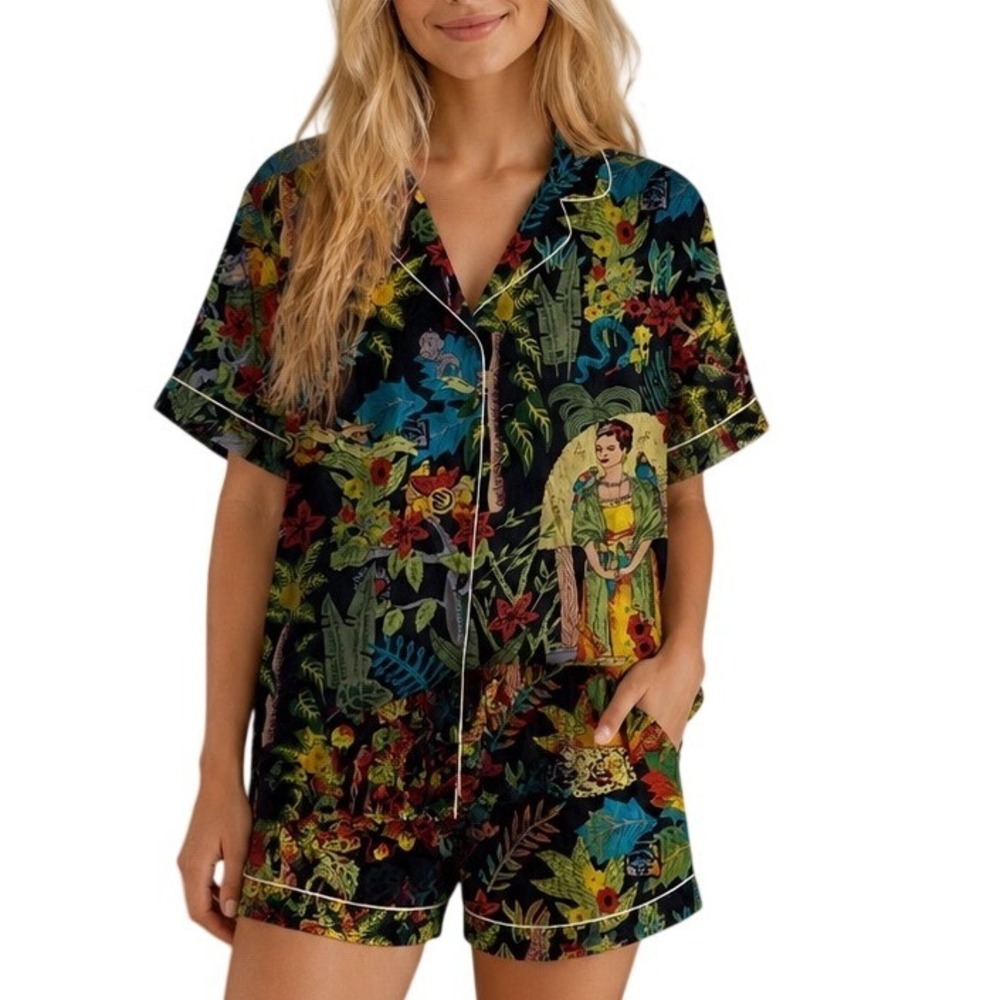 SLV Sur La Vague Frida Kahlo Tropical Jungle Cotton Pajama Set M/L Black Multi‎